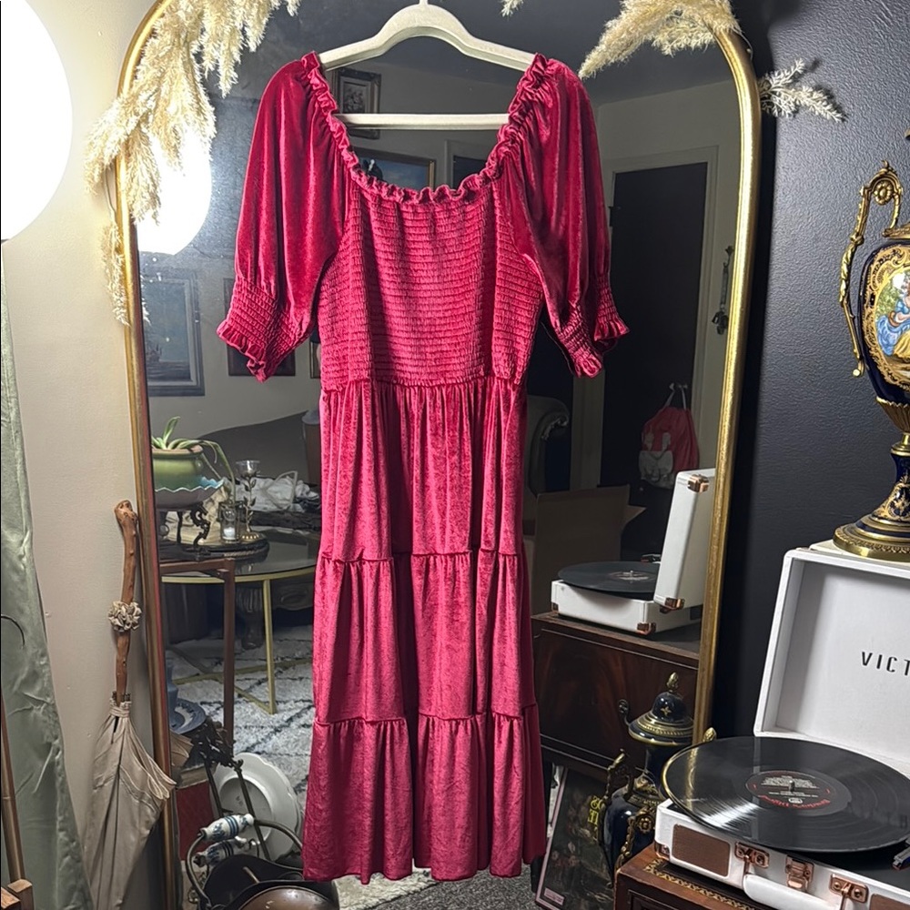 Velvet Tiered Smocked Red Dress - Picture 2 of 2